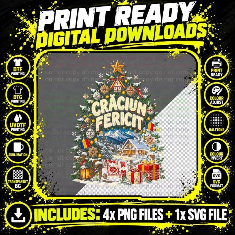 Craciun Fericit Snowy Carpathian Cabin Romanian Christmas Tree Halftone T-Shirt Png SVG Digital Bundle