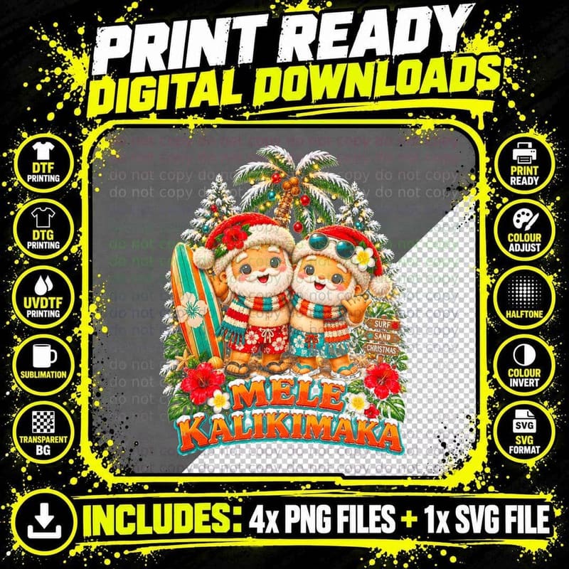 Mele Kalikimaka Cute Plush Surfer Santas Surfboard Palm Beach Halftone T-Shirt Png SVG Digital Bundle