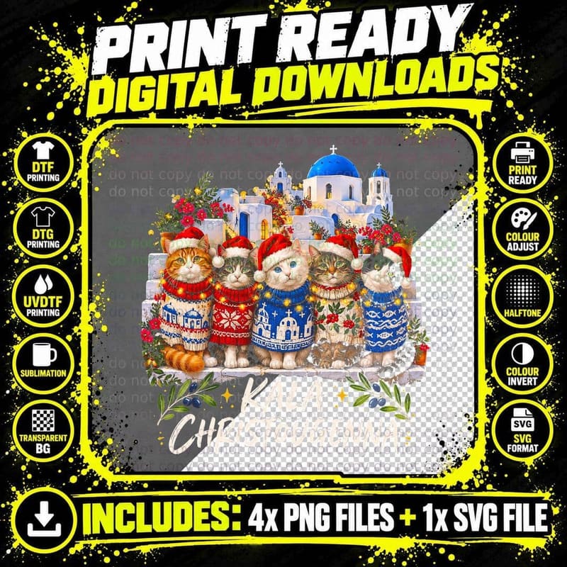 Kala Christougenna Cats in Christmas Sweaters Santorini Greek Halftone T-Shirt Png SVG Digital Bundle