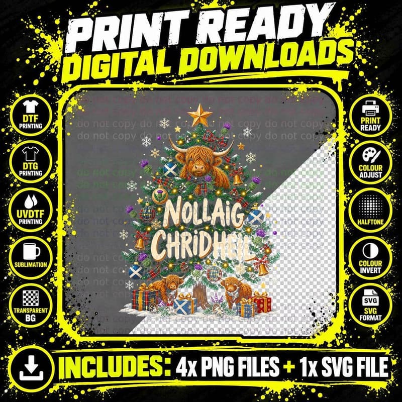 Nollaig Chridheil Highland Cow Scottish Christmas Tree Thistle Halftone T-Shirt Png SVG Digital Bundle