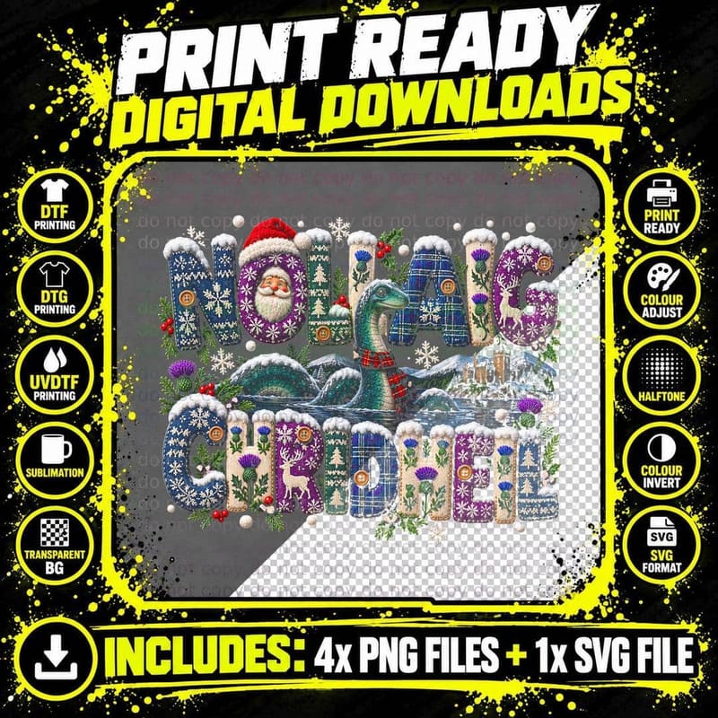 Nollaig Chridheil Knitted Letters Loch Ness Monster Tartan Xmas Halftone T-Shirt Png SVG Digital Bundle