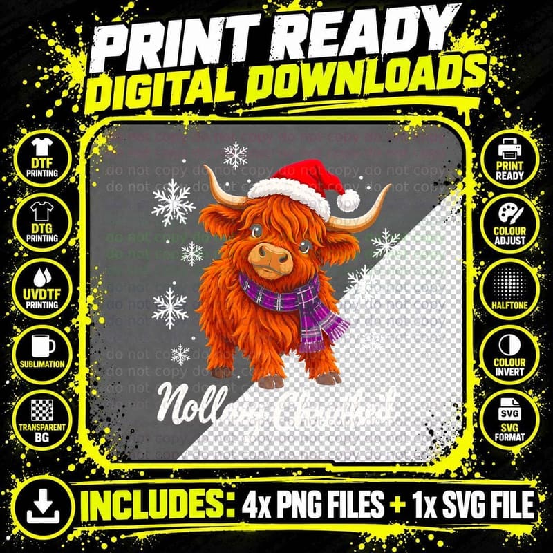 Nollaig Chridheil Highland Cow Santa Hat Tartan Scarf Scottish Halftone T-Shirt Png SVG Digital Bundle