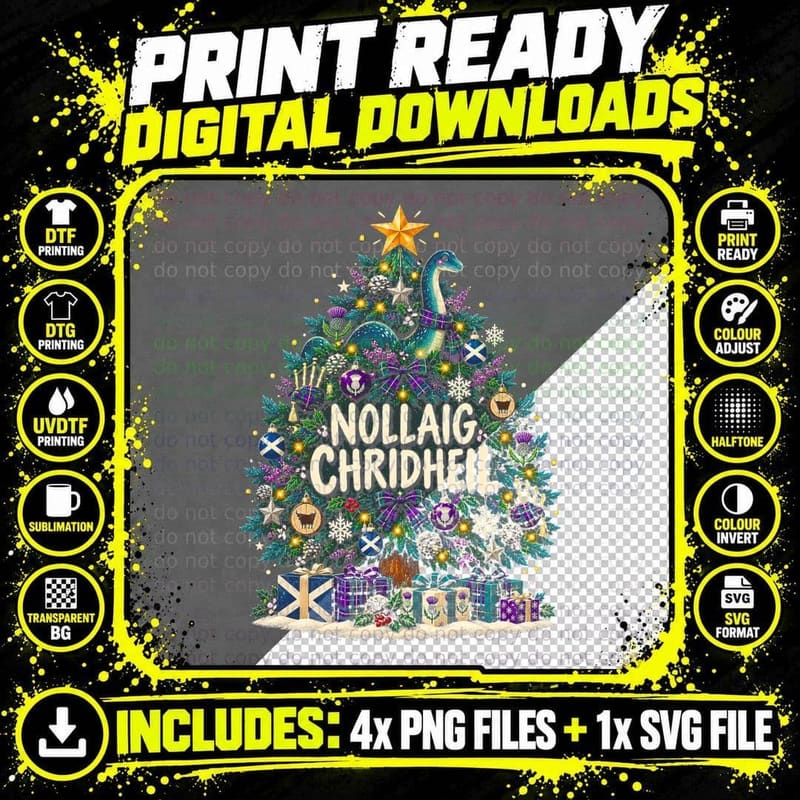 Nollaig Chridheil Nessie Loch Ness Monster Scottish Xmas Tree Halftone T-Shirt Png SVG Digital Bundle