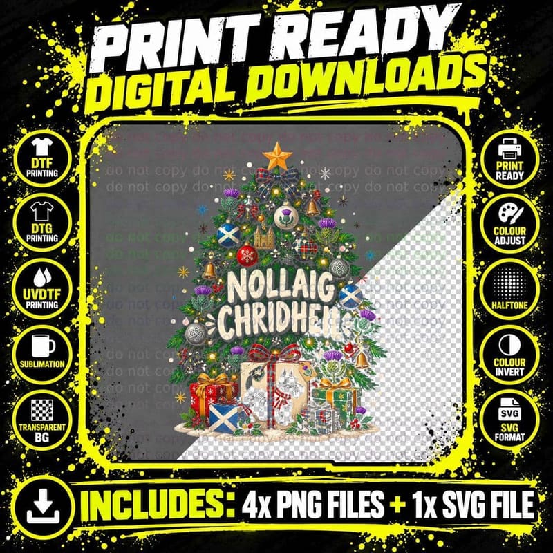 Nollaig Chridheil Scottie Dog Scottish Christmas Tree Thistles Halftone T-Shirt Png SVG Digital Bundle