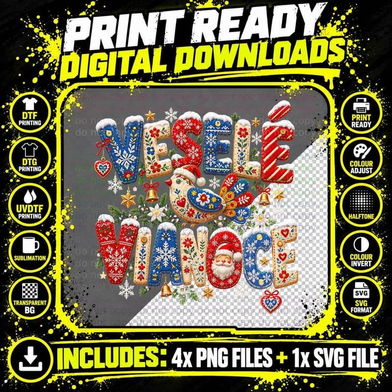 Vesele Vianoce Knitted Letters Folk Bird Slovak Xmas Jumper Halftone T-Shirt Png SVG Digital Bundle
