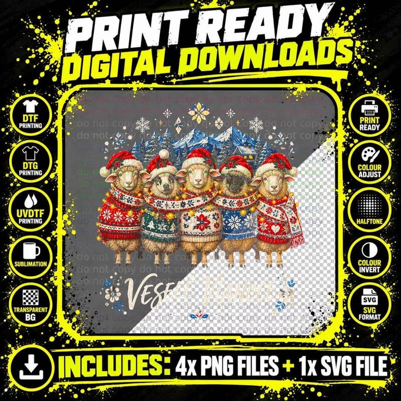 Vesele Vianoce Sheep Ugly Christmas Sweaters Santa Hats Slovak Halftone T-Shirt Png SVG Digital Bundle