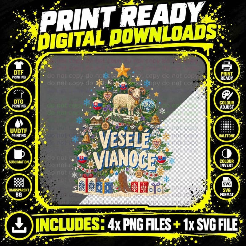 Vesele Vianoce Slovak Christmas Tree Mountain Ram Edelweiss Halftone T-Shirt Png SVG Digital Bundle