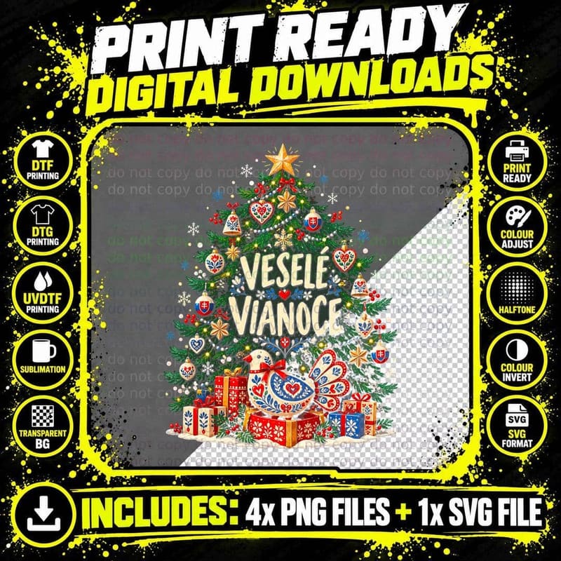 Vesele Vianoce Slovakia Christmas Tree Folk Art Bird Hearts Halftone T-Shirt Png SVG Digital Bundle