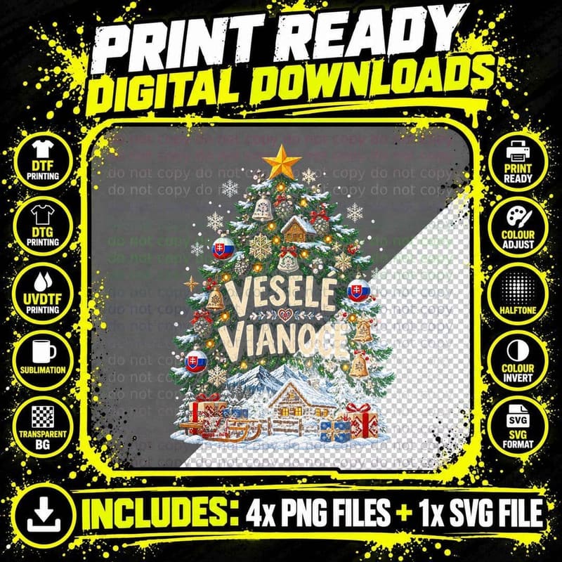Vesele Vianoce Snowy Mountain Cabin Slovak Christmas Tree Sled Halftone T-Shirt Png SVG Digital Bundle