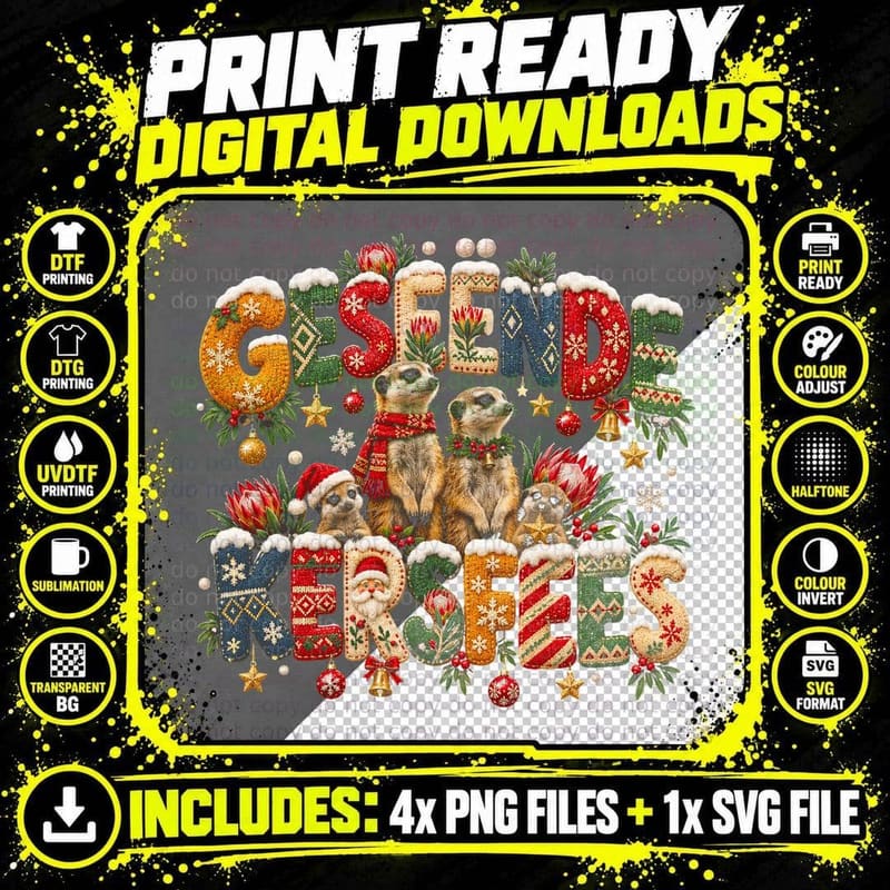 Geseende Kersfees Knitted Letters Meerkats Protea Xmas Jumper Halftone T-Shirt Png SVG Digital Bundle