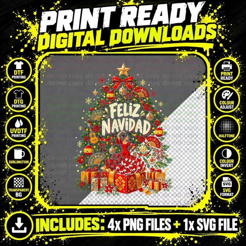 Feliz Navidad Flamenco Dancer Spanish Christmas Tree Fans Halftone T-Shirt Png SVG Digital Bundle