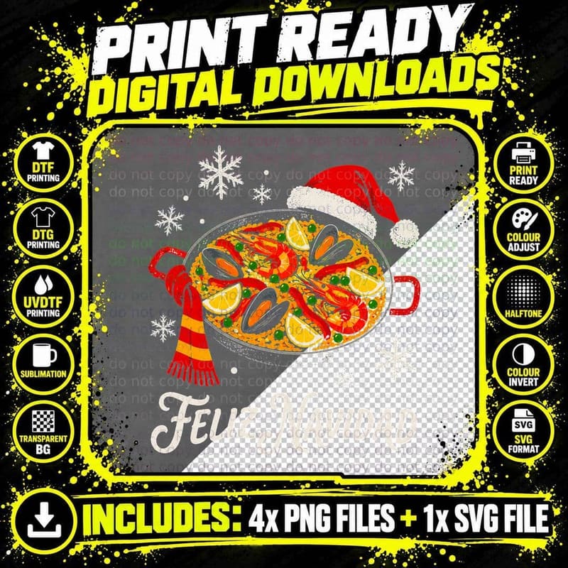 Feliz Navidad Paella Pan Santa Hat Funny Spanish Christmas Food Halftone T-Shirt Png SVG Digital Bundle