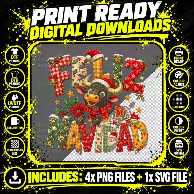 Feliz Navidad Funny Bull Santa Hat Patchwork Letters Spain Xmas Halftone T-Shirt Png SVG Digital Bundle