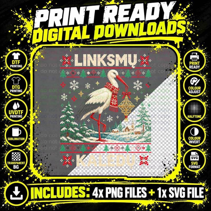 Linksmu Kaledu White Stork Lithuanian Ugly Christmas Sweater Halftone T-Shirt Png SVG Digital Bundle