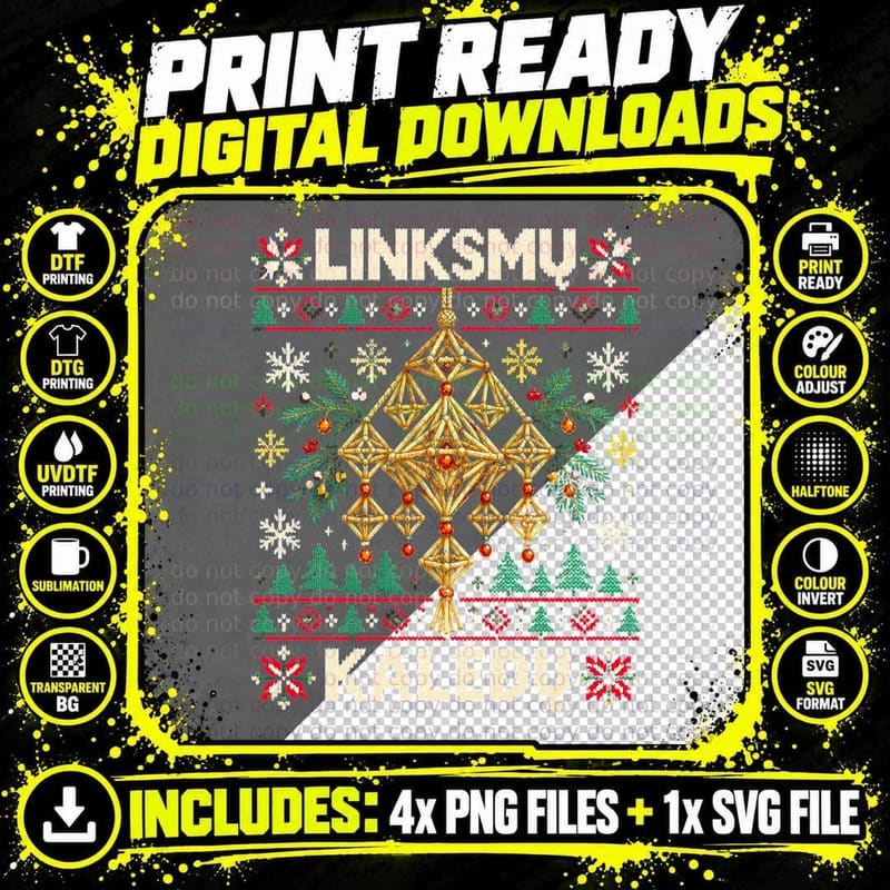 Linksmu Kaledu Straw Ornament Lithuanian Ugly Xmas Sweater Halftone T-Shirt Png SVG Digital Bundle