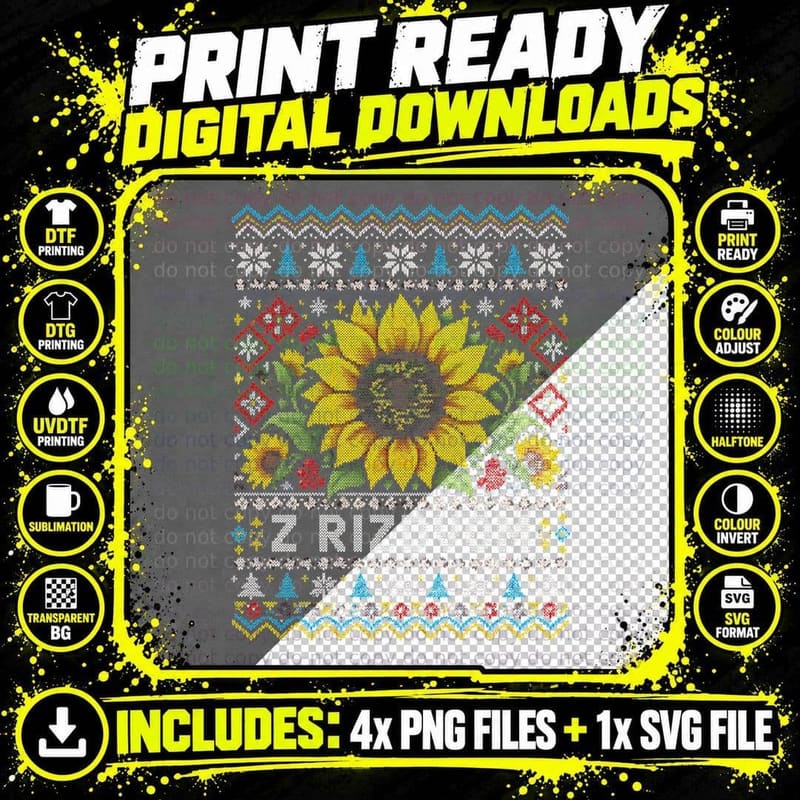 Z Rizdvom Sunflower Ukrainian Ugly Christmas Sweater Folk Knit Halftone T-Shirt Png SVG Digital Bundle