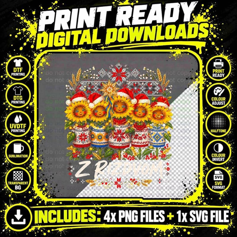 Z Rizdvom Sunflowers in Christmas Jumpers Santa Hats Ukrainian Halftone T-Shirt Png SVG Digital Bundle
