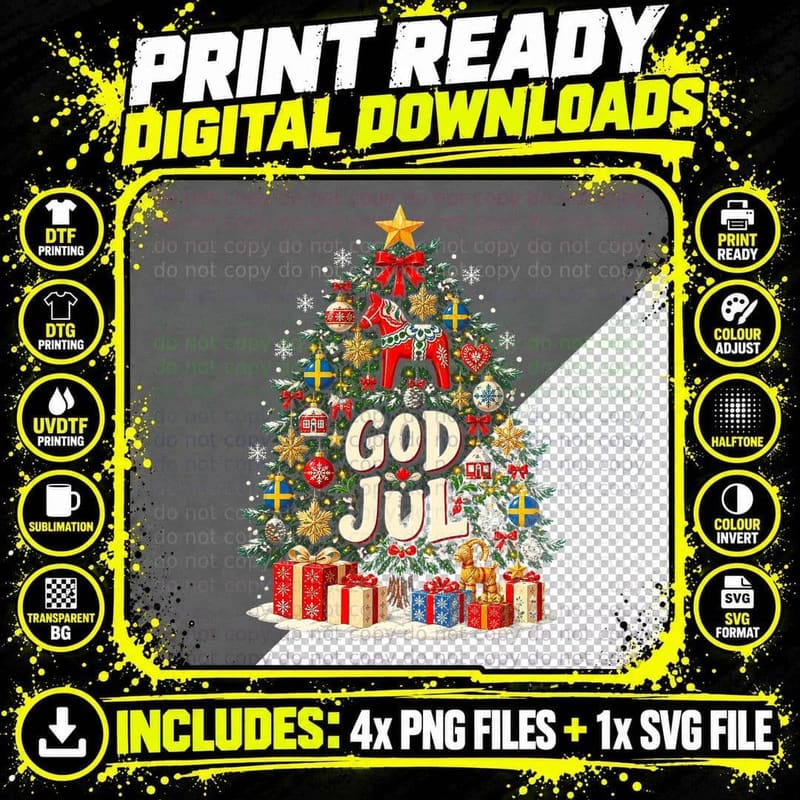 God Jul Swedish Christmas Tree Dala Horse Sweden Straw Goat Halftone T-Shirt Png SVG Digital Bundle