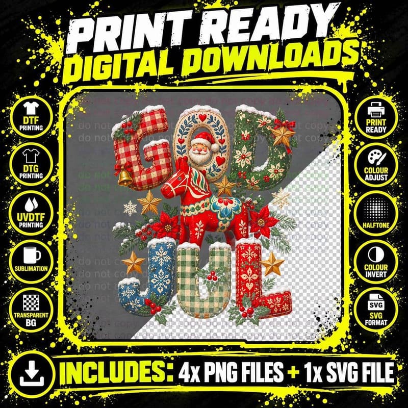 God Jul Red Dala Horse Patchwork Letters Swedish Christmas Folk Halftone T-Shirt Png SVG Digital Bundle