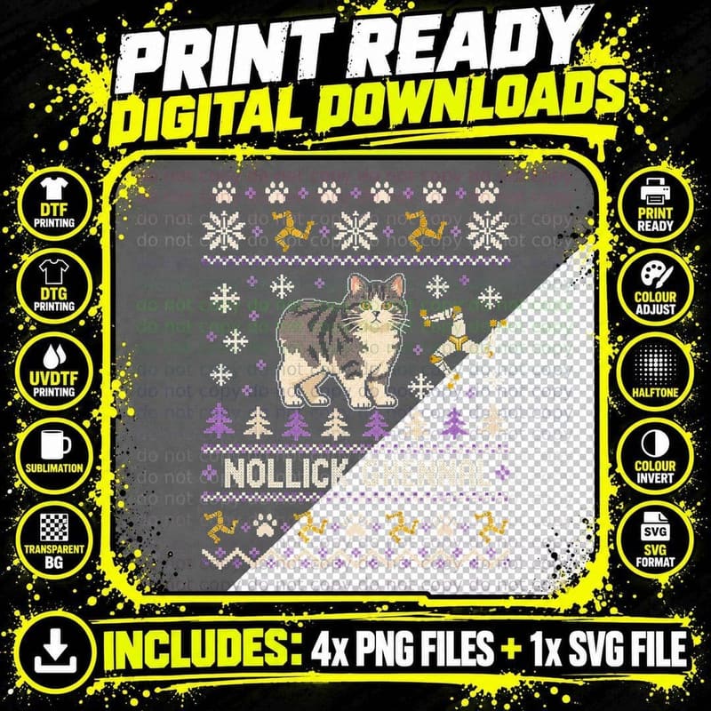 Nollick Ghennal Tailless Manx Cat Isle of Man Xmas Sweater Halftone T-Shirt Png SVG Digital Bundle