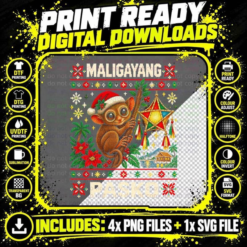 Maligayang Pasko Tarsier Parol Filipino Ugly Christmas Sweater Halftone T-Shirt Png SVG Digital Bundle