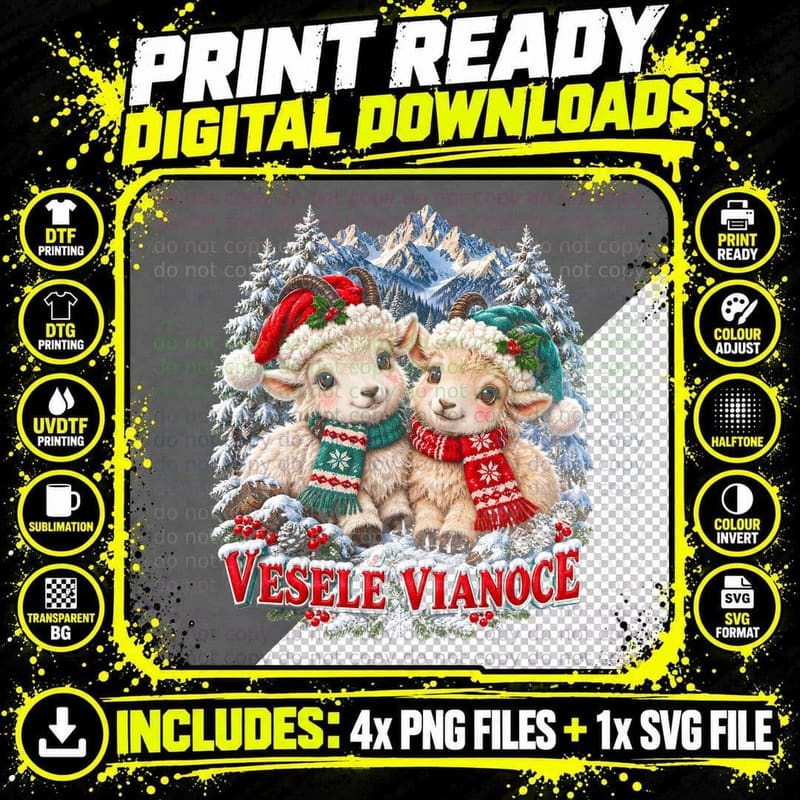 Vesele Vianoce Cute Plush Baby Goats Tatra Slovak Christmas Halftone T-Shirt Png SVG Digital Bundle