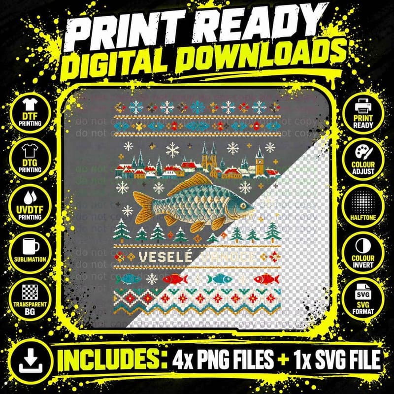 Vesele Vanoce Christmas Carp Prague Czech Ugly Xmas Sweater Halftone T-Shirt Png SVG Digital Bundle