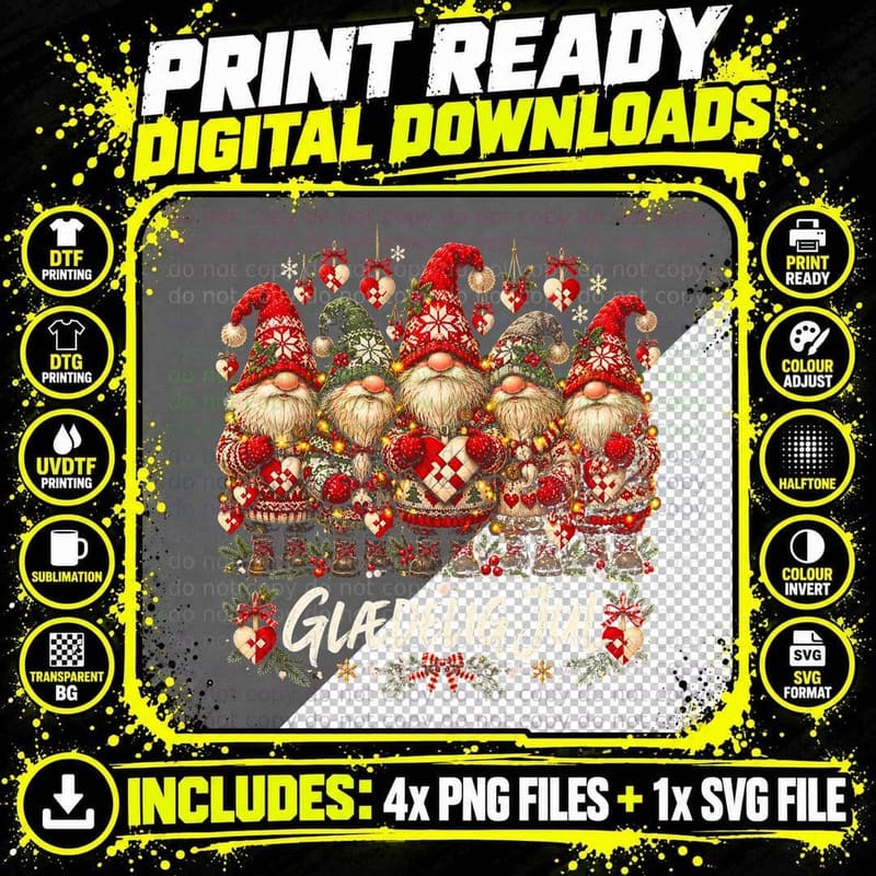 Glaedelig Jul Danish Nisse Gnomes Woven Hearts Xmas Sweaters Halftone T-Shirt Png SVG Digital Bundle