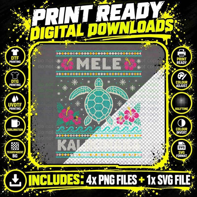 Mele Kalikimaka Honu Sea Turtle Hawaiian Ugly Xmas Sweater Halftone T-Shirt Png SVG Digital Bundle