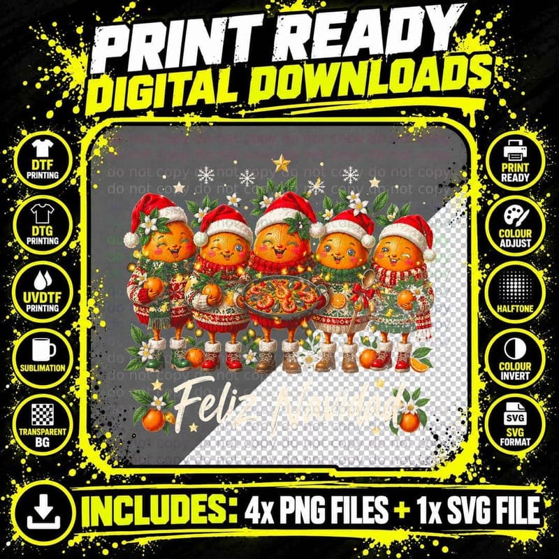 Feliz Navidad Oranges Ugly Christmas Sweaters Paella Spanish Halftone T-Shirt Png SVG Digital Bundle