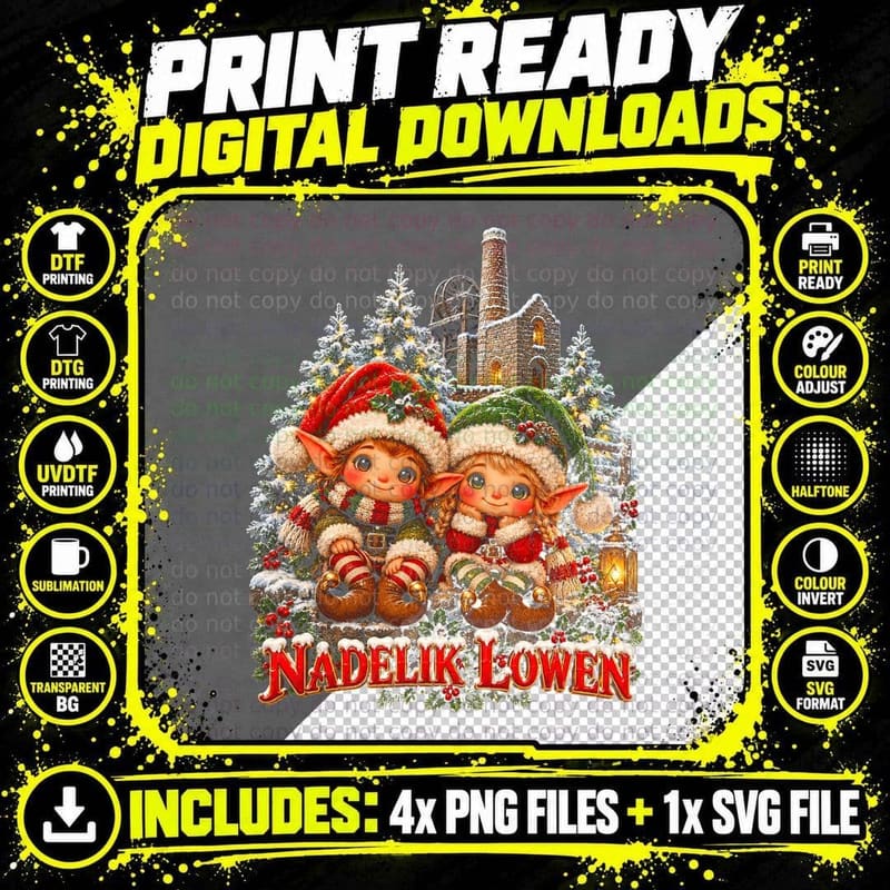 Nadelik Lowen Cute Plush Cornish Pixies Tin Mine Christmas Halftone T-Shirt Png SVG Digital Bundle