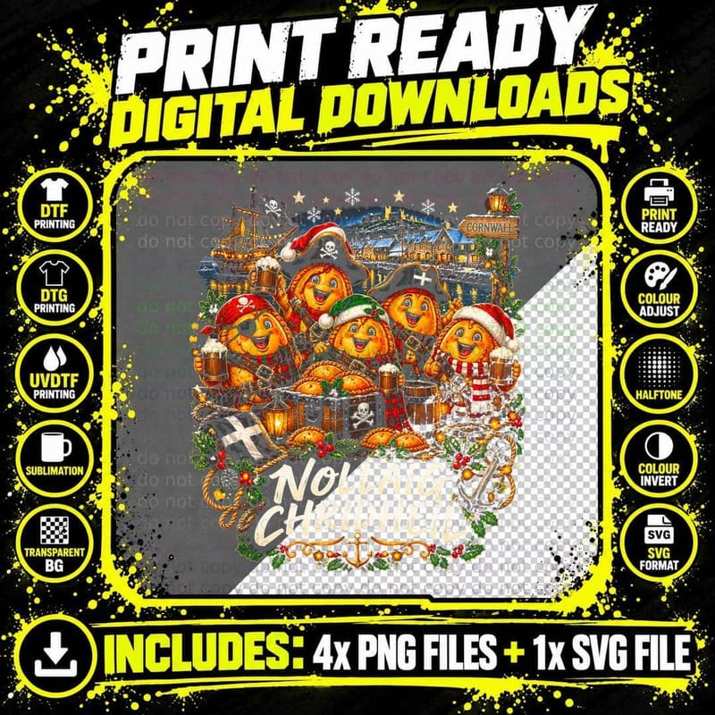 Cornish Pasty Pirates Nollaig Chridheil Santa Hats Christmas Halftone T-Shirt Png SVG Digital Bundle