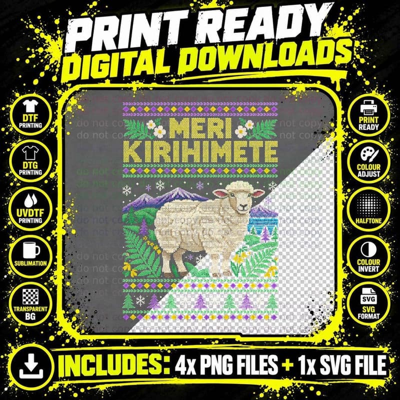 Meri Kirihimete New Zealand Sheep Fern Ugly Christmas Sweater Halftone T-Shirt Png SVG Digital Bundle