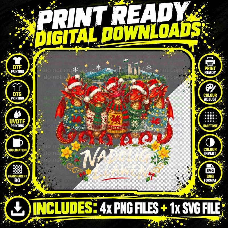Nadolig Llawen Welsh Dragons Ugly Christmas Jumpers Santa Hats Halftone T-Shirt Png SVG Digital Bundle