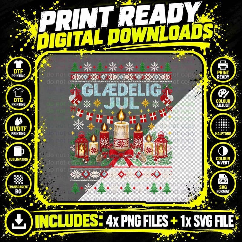 Glaedelig Jul Danish Candles Flag Bunting Ugly Xmas Sweater Halftone T-Shirt Png SVG Digital Bundle