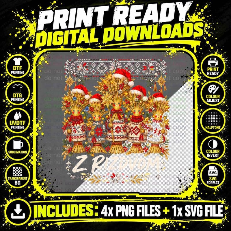 Z Rizdvom Didukh Wheat Sheaves Ukrainian Christmas Jumpers Halftone T-Shirt Png SVG Digital Bundle