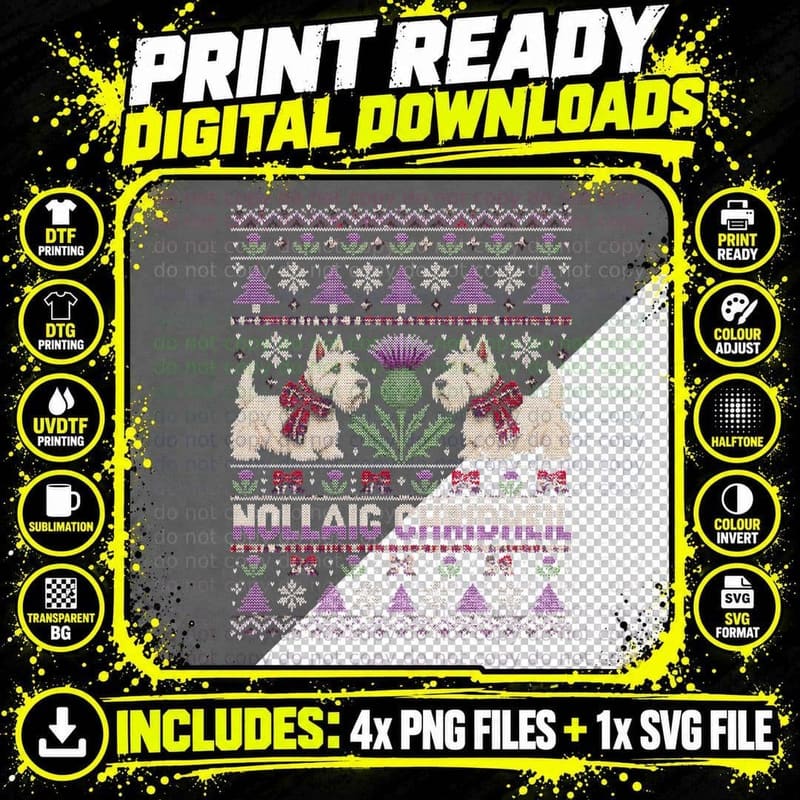 Nollaig Chridheil White Scottie Dogs Thistle Ugly Xmas Sweater Halftone T-Shirt Png SVG Digital Bundle