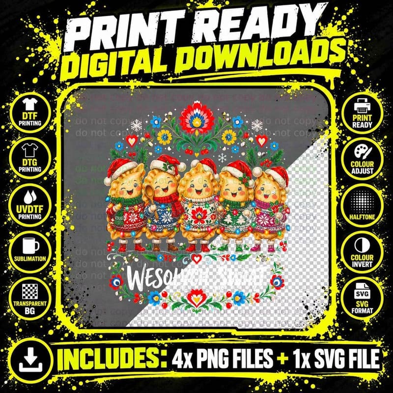 Wesolych Swiat Funny Pierogi Christmas Jumpers Polish Folk Halftone T-Shirt Png SVG Digital Bundle