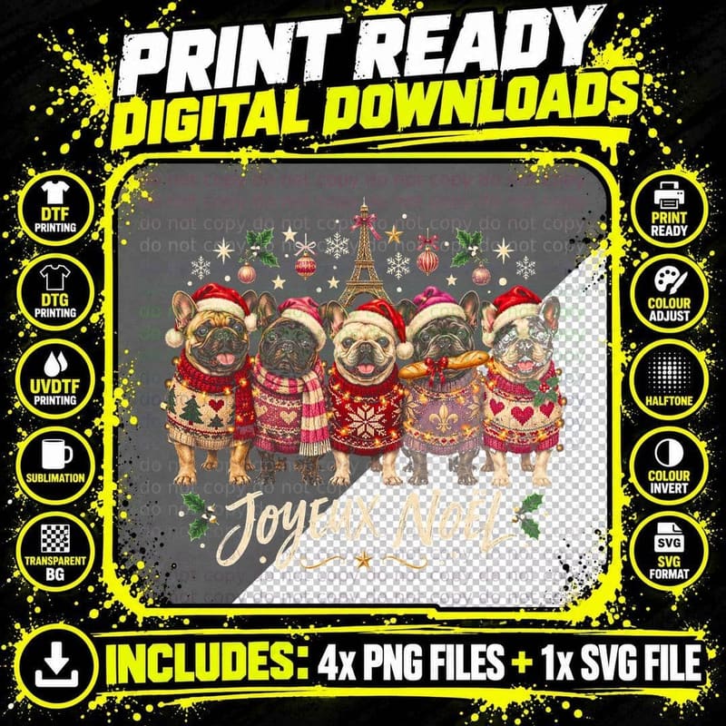 Joyeux Noel French Bulldogs Ugly Christmas Sweaters Frenchie Halftone T-Shirt Png SVG Digital Bundle