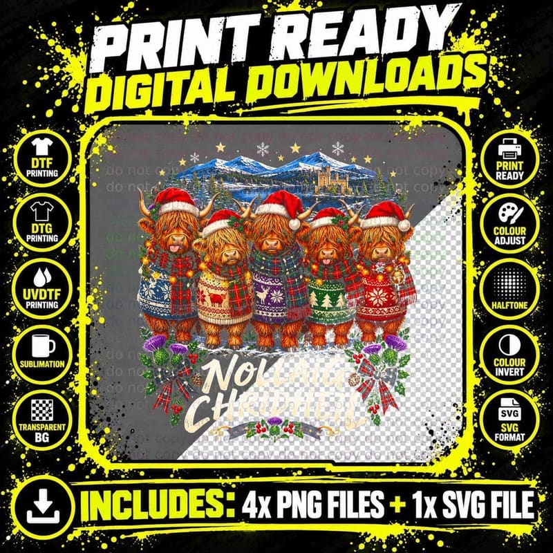 Nollaig Chridheil Highland Cows Christmas Jumpers Santa Hats Halftone T-Shirt Png SVG Digital Bundle