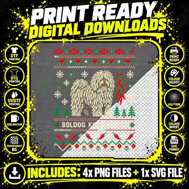 Boldog Karacsonyt Hungarian Puli Dog Paprika Ugly Xmas Sweater Halftone T-Shirt Png SVG Digital Bundle
