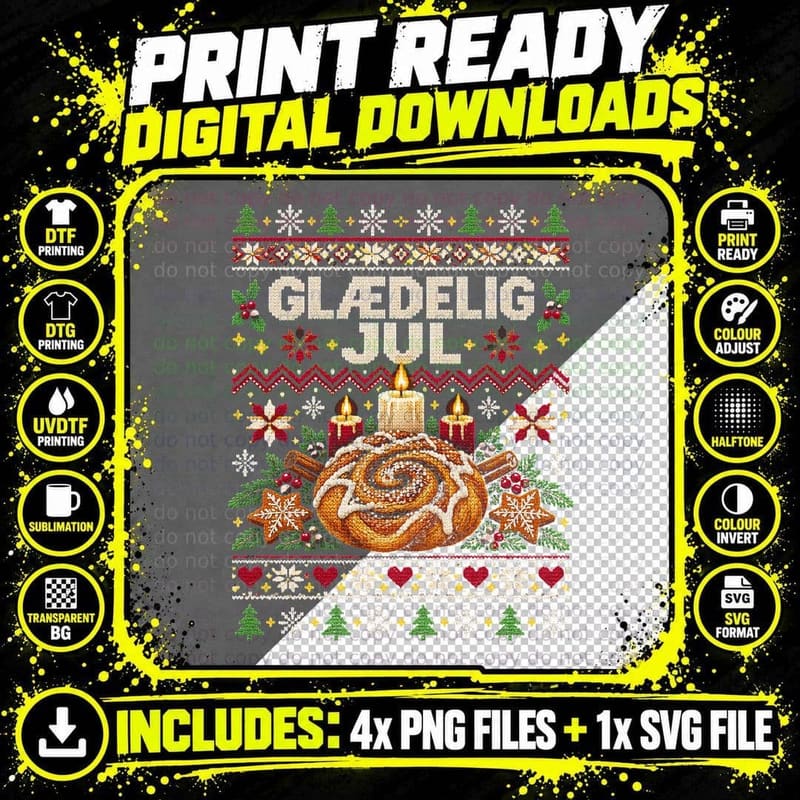 Glaedelig Jul Danish Cinnamon Bun Hygge Ugly Christmas Sweater Halftone T-Shirt Png SVG Digital Bundle