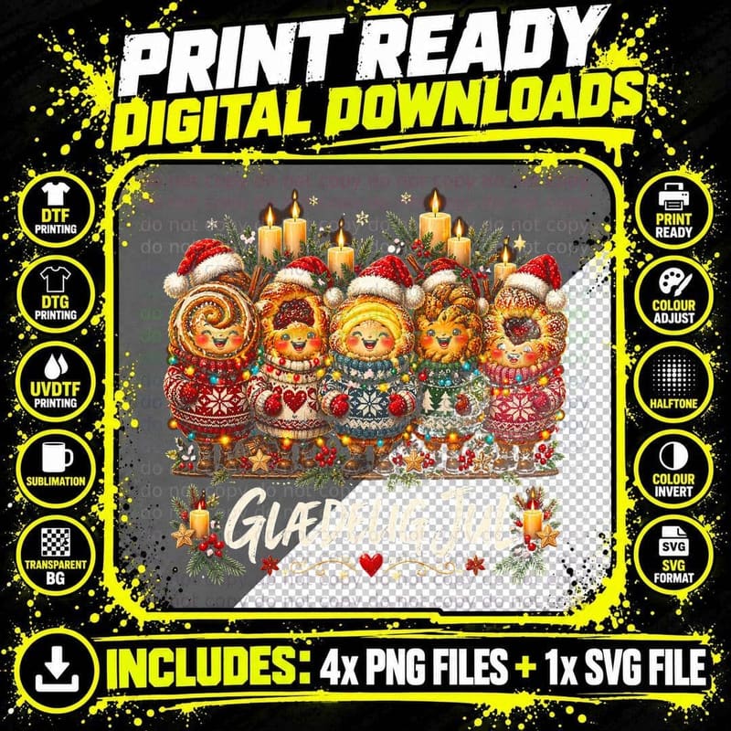 Glaedelig Jul Cute Danish Pastries Knitted Christmas Jumpers Halftone T-Shirt Png SVG Digital Bundle
