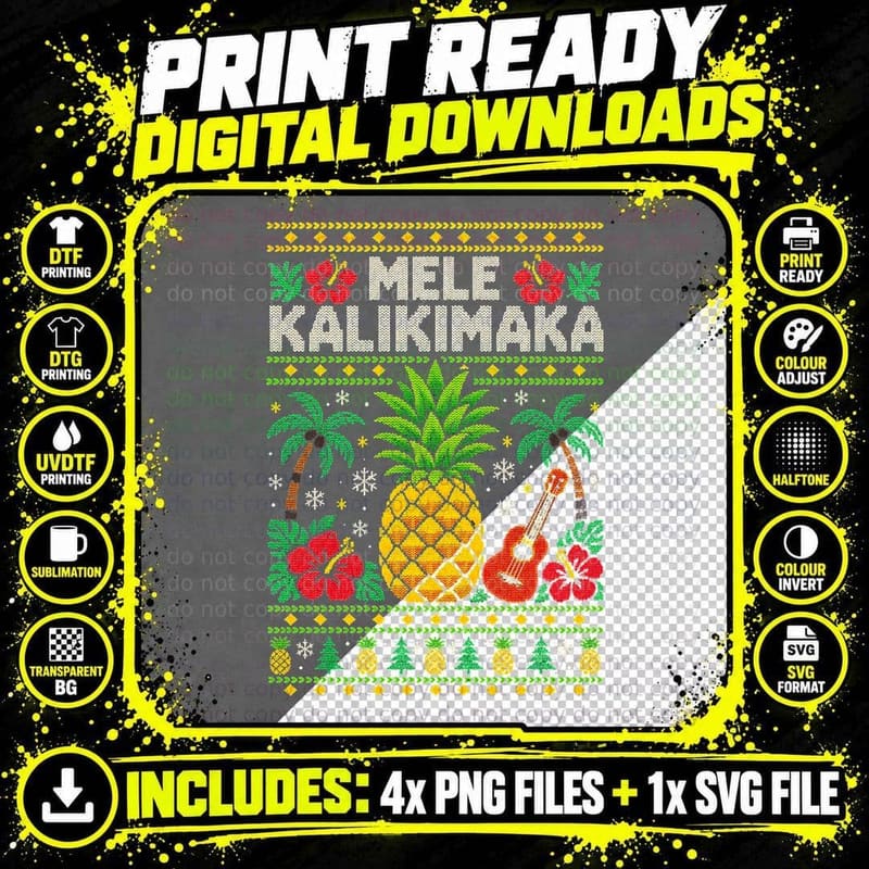 Mele Kalikimaka Pineapple Ukulele Hawaiian Ugly Xmas Sweater Halftone T-Shirt Png SVG Digital Bundle