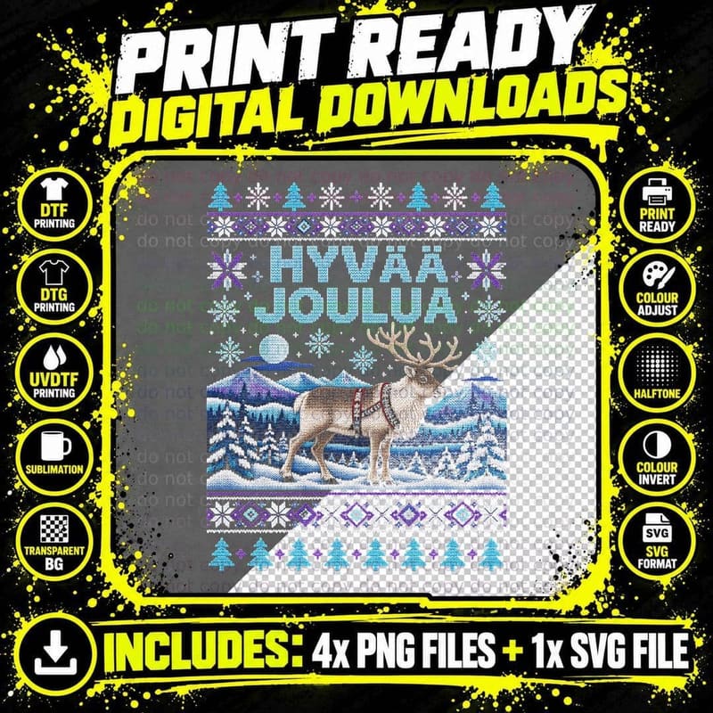 Hyvaa Joulua Lapland Reindeer Finnish Ugly Christmas Sweater Halftone T-Shirt Png SVG Digital Bundle