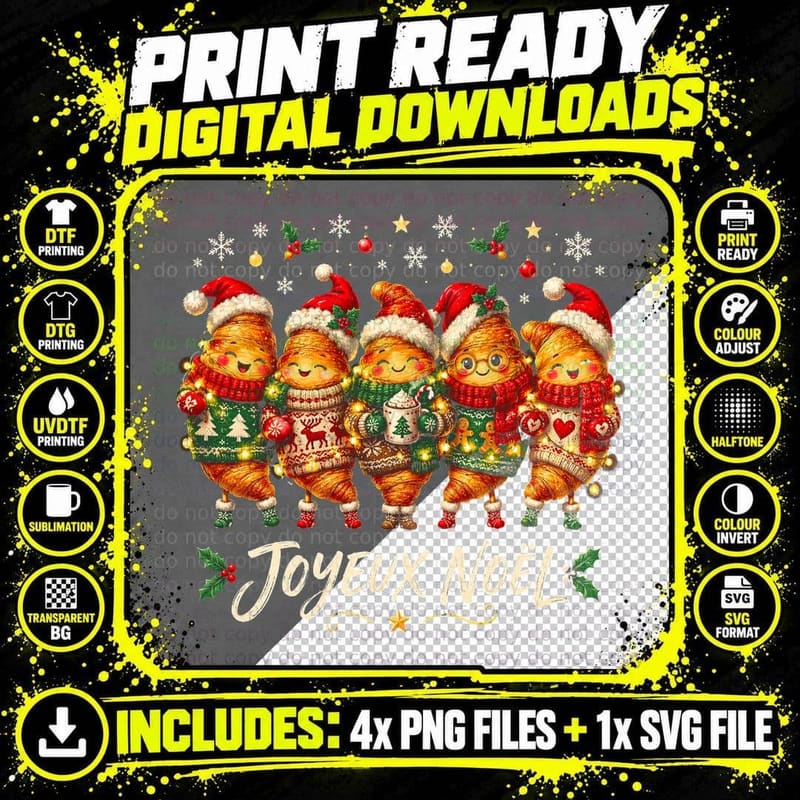 Joyeux Noel Cute Croissants in Christmas Jumpers French Pastry Halftone T-Shirt Png SVG Digital Bundle