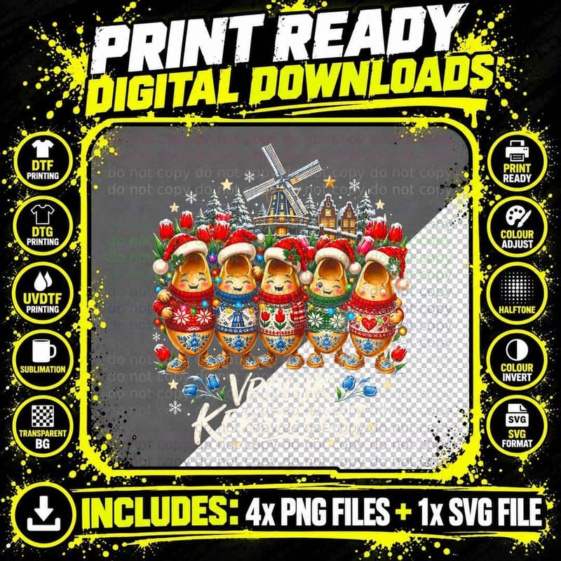 Vrolijk Kerstfeest Cute Dutch Clogs Windmill Tulips Christmas Halftone T-Shirt Png SVG Digital Bundle