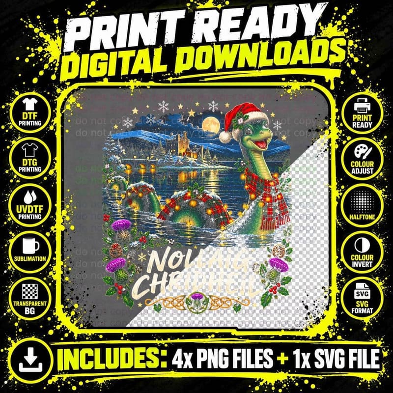 Nollaig Chridheil Loch Ness Monster Tartan Scottish Christmas Halftone T-Shirt Png SVG Digital Bundle