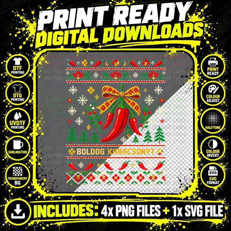 Boldog Karacsonyt Hungarian Red Paprika Ugly Christmas Sweater Halftone T-Shirt Png SVG Digital Bundle
