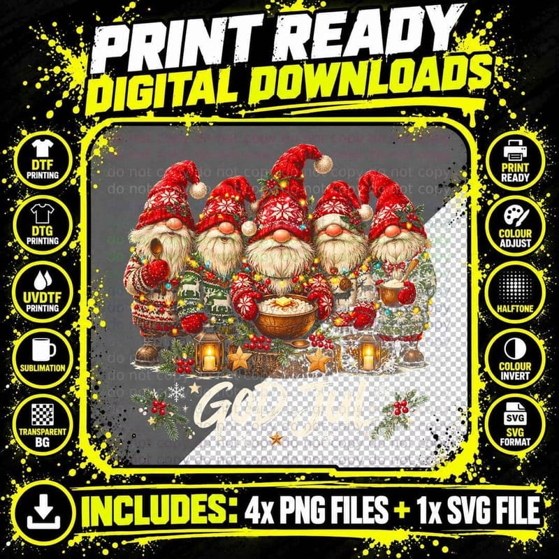 God Jul Tomte Gnomes Porridge Nisse Scandinavian Xmas Jumper Halftone T-Shirt Png SVG Digital Bundle